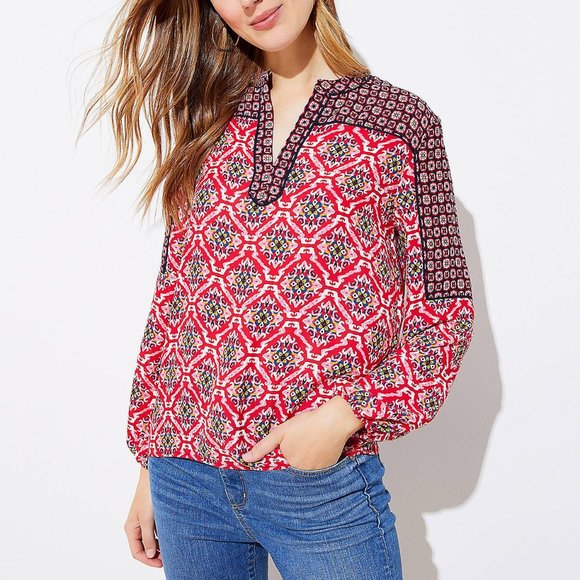 Ann Taylor LOFT Mixed Mosaic Split Neck Blouse - Picture 1 of 7